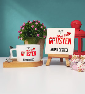 Mesajlı Optisyen Tasarımlı Kişiye Özel Optisyen Ahşap Altlıklı Fincan ve Dekoratif Taş Baskı Hediye Seti