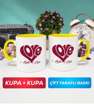 İkili Love Tasarımlı Sevgililer Günü Hediyesi Kupa Bardak Sarı
