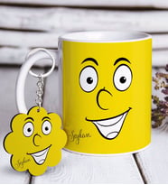 BK Gift Kişiye Özel Emoji Yüz Beyaz Kupa ve Anahtarlık Hediye Seti-4 (Model 1)