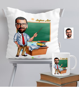 BK Gift Kişiye Özel Bay Öğretmen Temalı Karikatürlü Yastık Kupa Seti - 1