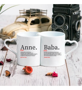 Anne & Baba Tasarımlı 2'li Kalp Kupa (Beyaz)