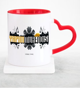 BK Gift Kişiye Özel Mesleki Yapım Mühendisi Kırmızı Kalpli Kupa Bardak  2