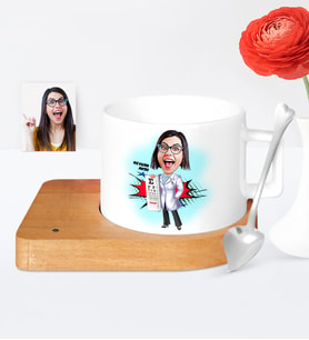 BK Gift Kişiye Özel Göz Doktoru Karikatür Ahşap Altlıklı Seramik Fincan  1