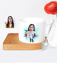 BK Gift Kişiye Özel Göz Doktoru Karikatür Ahşap Altlıklı Seramik Fincan  1