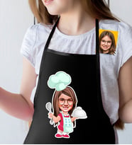 BK Gift Kişiye Özel Küçük Şef Karikatürlü Kız Çocuk Siyah Mutfak Önlüğü-6