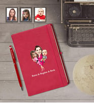 Kişiye Özel Aile Karikatürlü Kırmızı Defter Kalem Hediye Seti   Mod-5