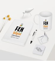 BK Gift Kişiye Özel Fen Bilgisi Öğretmeni Temalı Beyaz Defter Kalem Kupa Ayna Seti