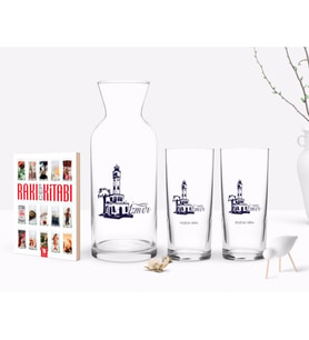 BK Gift Kişiye Özel Renkli Baskılı İzmir Tasarımlı Turistik İkili Rakı Bardağı Karaf ve Cep Kitabı Hediye Seti-2 (Model 1)