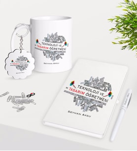 BK Gift Kişiye Özel Teknoloji Ve Tasarım Öğretmeni Kupa Anahtarlık Beyaz Defter Kalem Hediye Seti (Model 1)