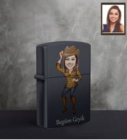 Kişiye Özel Bayan Karikatürlü UV Baskılı Siyah Benzinli Çakmak Model-4