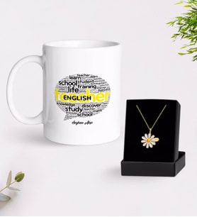 BK Gift Kişiye Özel İngilizce Öğretmeni Beyaz Kupa ve Papatya Kolye Hediye Seti-13 (Model 1)