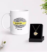 BK Gift Kişiye Özel İngilizce Öğretmeni Beyaz Kupa ve Papatya Kolye Hediye Seti-13 (Model 1)