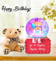 Happy Birthday Işıklı Doğum Günü Hediyesi Kar Küresi ve Mini Ayıcık