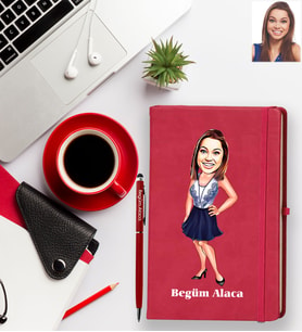Kişiye Özel Bayan Karikatürlü Kırmızı Defter Kalem Hediye Seti Model-6