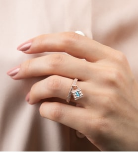Kilit detaylı rose gold gümüş yüzük (Mavi)