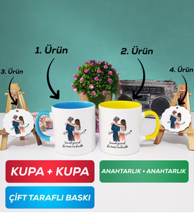 İkili Mavi Sarı Sevgiliye Hediye Bir Ömür Sevgililer Günü Hediyesi Kupa Bardak Anahtarlık Hediye Seti