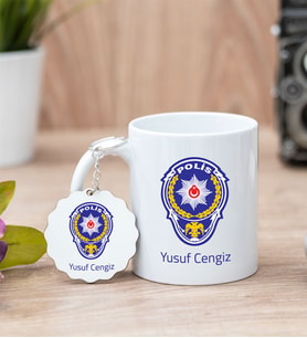 Polis Amblemli Beyaz Kupa Bardak Ve Anahtarlık Set