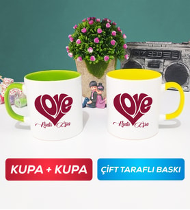 İkili Love Tasarımlı Sevgililer Günü Hediyesi Kupa Bardak Yeşil Sarı