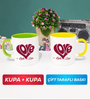 İkili Love Tasarımlı Sevgililer Günü Hediyesi Kupa Bardak Yeşil Sarı