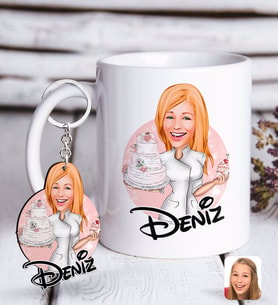 BK Gift Kişiye Özel Kadın Aşçı Karikatürlü Beyaz Kupa ve Anahtarlık Hediye Seti-3 (Model 1)