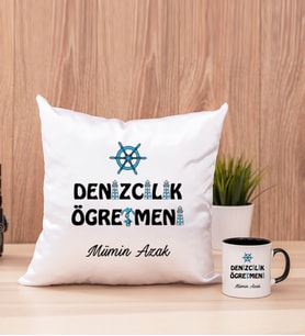 Denizcilik Öğretmeni Kare Yastık ve Siyah Kupa Bardak