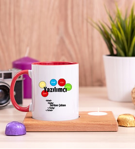 Yazılımcı Ahşap Altlıklı Mumlu Kırmızı Kupa Bardak