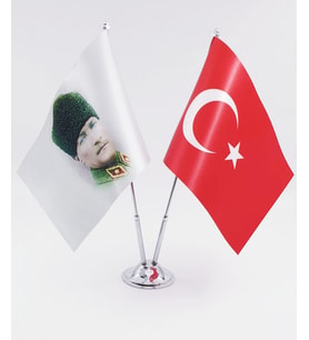 Masa bayrağı Çiftli Atatürk -Türk Bayrağı  ( Kalpaklı ) (Krom)