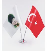 Masa bayrağı Çiftli Atatürk -Türk Bayrağı  ( Kalpaklı ) (Krom)