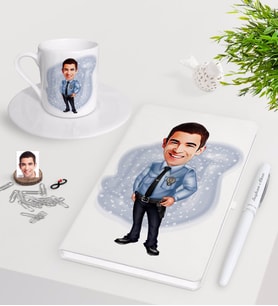 BK Gift Kişiye Özel Erkek Polis Karikatürlü Beyaz Defter Kalem Türk Kahvesi Fincanı Seti-1 (Model 1)