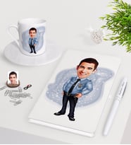 BK Gift Kişiye Özel Erkek Polis Karikatürlü Beyaz Defter Kalem Türk Kahvesi Fincanı Seti-1 (Model 1)