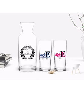 BK Gift Kişiye Özel Renkli Baskılı Harfli İkili Rakı Bardağı ve Karaf Hediye Seti-2 (Model 1)