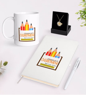 BK Gift Kişiye Özel Dünyanın En İyi Öğretmeni Beyaz Kupa Defter Kalem ve İsimli Papatya Kolye Hediye Seti-20 (Model 1)