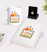 BK Gift Kişiye Özel Dünyanın En İyi Öğretmeni Beyaz Kupa Defter Kalem ve İsimli Papatya Kolye Hediye Seti-20 (Model 1)