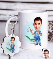BK Gift Kişiye Özel Erkek Diş Hekimi Karikatürlü Beyaz Kupa ve Anahtarlık Hediye Seti-4 (Model 1)
