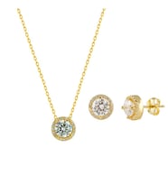 Afrodit Silver Yuvarlak Taşlı Sarı Renk Kolye Küpe Gümüş Set