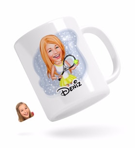 BK Gift Kişiye Özel Kadın Tenis Oyuncusu Karikatürlü Beyaz Kupa Bardak-2