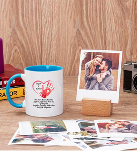 Sevgililer Günü Hediyesi Mesajlı Mavi Kupa Bardak ve Ahşap Standlı Polaroid Set