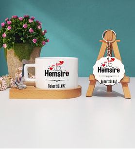 Mesajlı Hemşire Ahşap Altlıklı Fincan ve Anahtarlık Hediye Seti