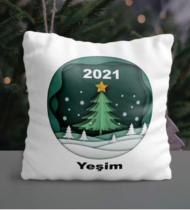 Kişiye Özel Çam Ağacı 2021 Tasarımlı Saten Yastık (Beyaz)