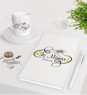 BK Gift Kişiye Özel İç Mimar Beyaz Defter Kalem Türk Kahvesi Fincanı Seti-1 (Model 1)