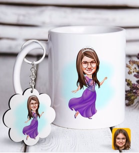 BK Gift Kişiye Özel Kız Çocuk Prenses Karikatürlü Beyaz Kupa ve Anahtarlık Hediye Seti-3 (Model 1)