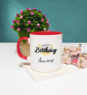 Happy Birthday Tasarımlı Kişiye Özel Doğum Günü Hediyesi Kupa Bardak Kırmızı