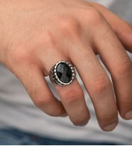 Gümüş Kaplama Siyah Oval Taşlı Erkek Yüzük