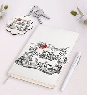 BK Gift Kişiye Özel En İyi Öğretmen Beyaz Defter Kalem Ve Anahtarlık Hediye Seti-8 (Model 1)