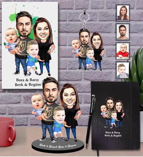 Kişiye Özel Aile Karikatürlü 5 li Hediye Seti  Mod-2