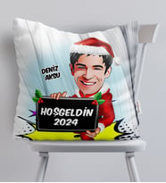 BK Gift Kişiye Özel Bay Yılbaşı Karikatürlü Beyaz Kırlent Yastık, Yeni Yıl Hediyesi, Yılbaşı