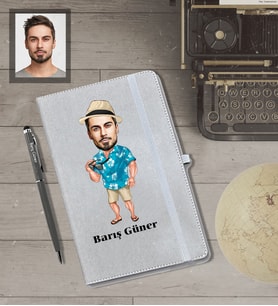 Kişiye Özel Erkek Karikatürlü Gri Defter Kalem Hediye Seti  Model-11