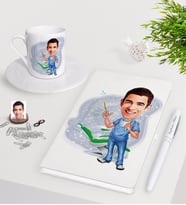 BK Gift Kişiye Özel Erkek Diş Hekimi Karikatürlü Beyaz Defter Kalem Türk Kahvesi Fincanı Seti-4 (Model 1)