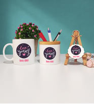 Love Yourself Tasarımlı Kişiye Özel Hediye Kupa Bardak Kalemlik ve Anahtarlık Seti