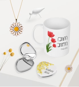 BK Gift Kişiye Özel Canım Annem Kupa Kalp Ayna Papatya Kolye Bileklik Seti - 11 (Model 1)